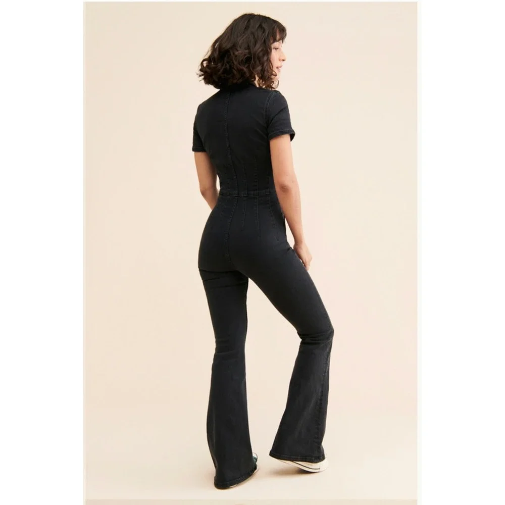 Free People We The Free Jumpsuit Small Black Denim Jayde Flare Boho Stretch Zip